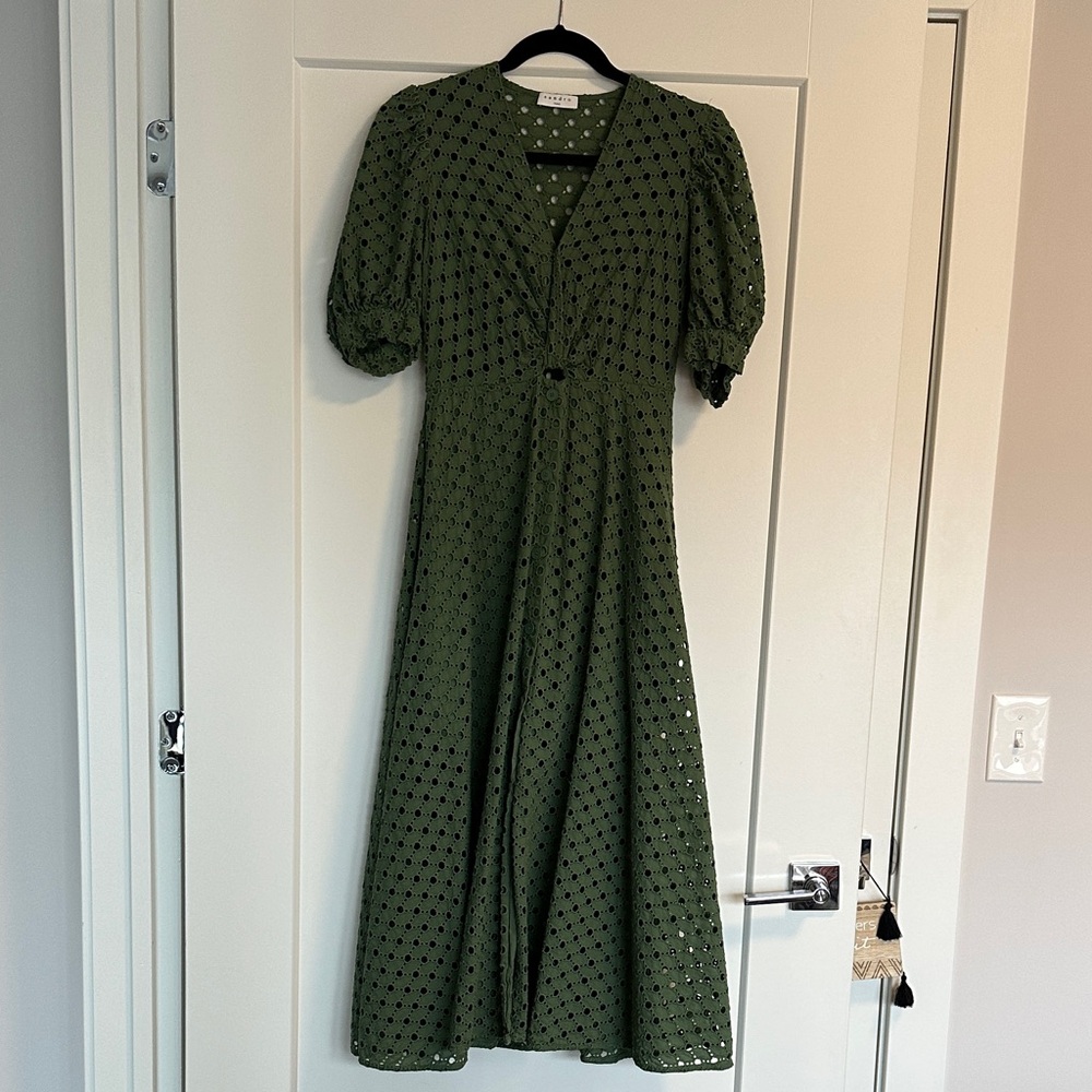 Sandro Olive Green Eyelet Midi Dress